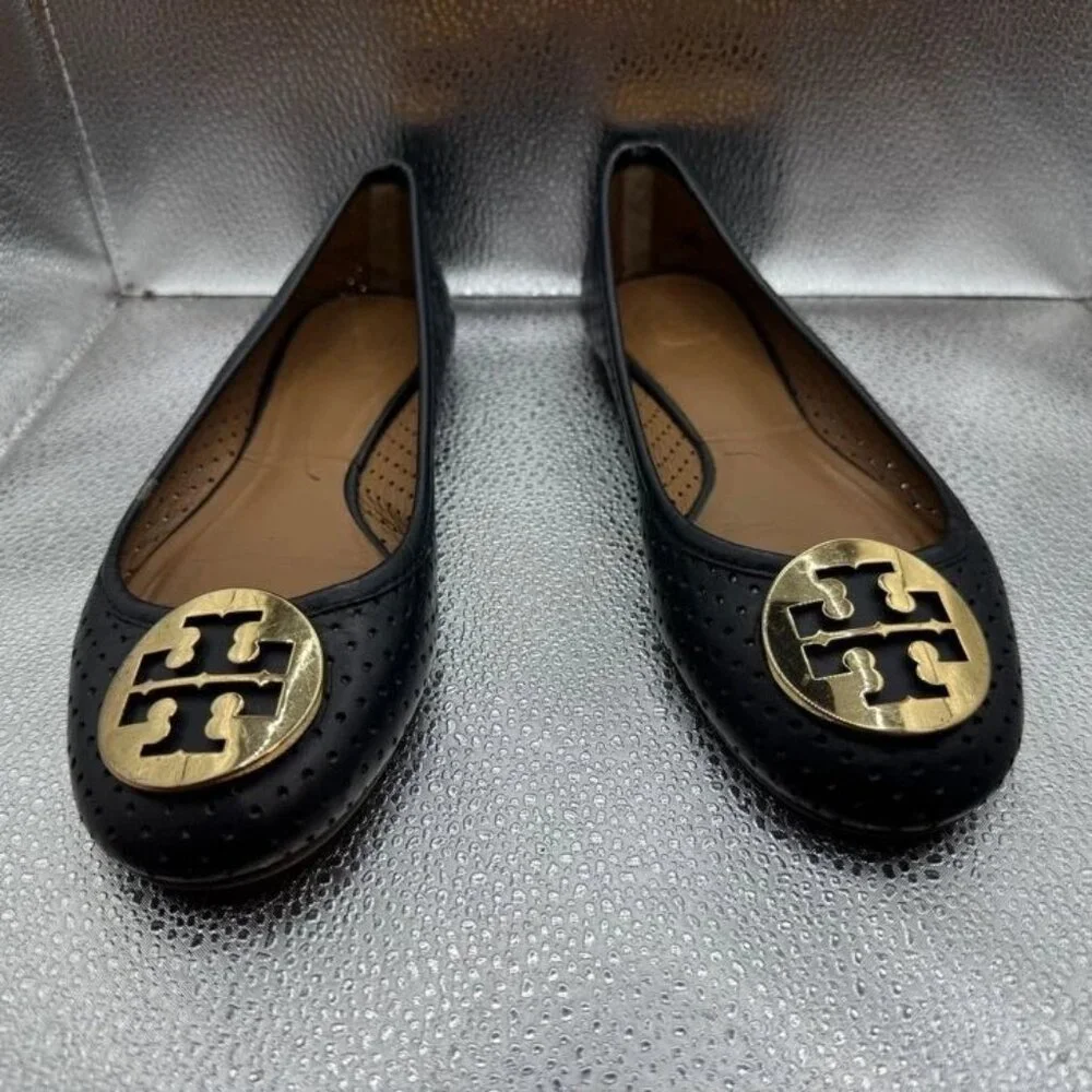 Sz 8 - Tory Burch Reva Perforated Womens Black Goldtone Logo Leather Flats‎